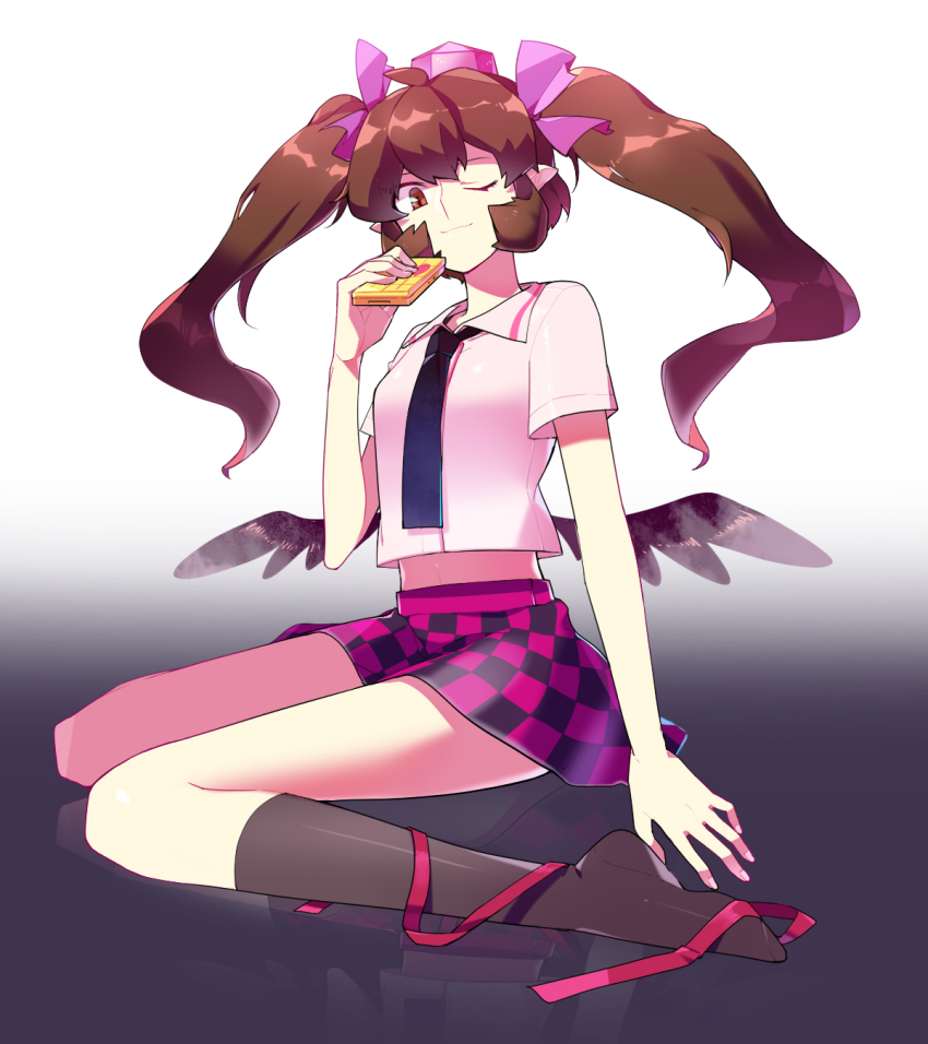 1girl, 31, 31_(bluesan), bad_id, bad_pixiv_id, brown_eyes, cellphone, checkered_clothes