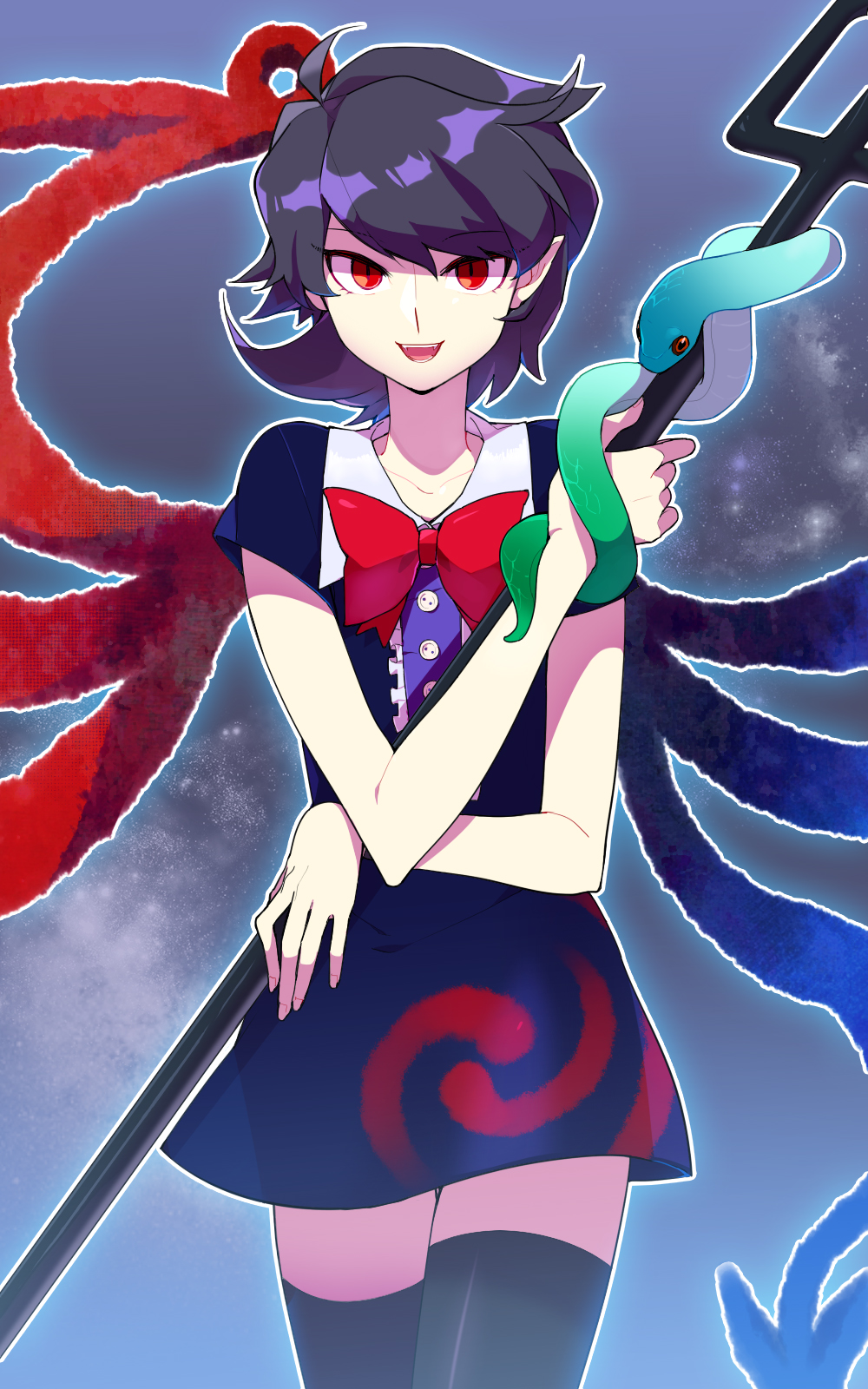 1girl, 31, 31_(bluesan), asymmetrical_wings, bad_id, bad_pixiv_id, black_hair, black_thighhighs