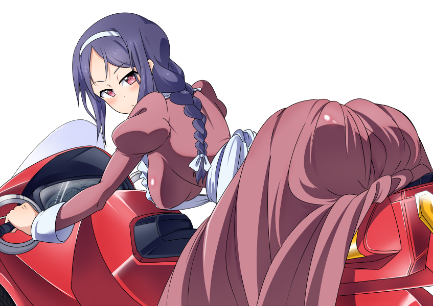 10s, 1girl, accel_world, ass, bad_id, bad_pixiv_id, black_hair, blood_leopard, blush, female_focus, kakei_mihaya, long_hair, looking_at_viewer, maid, motor_vehicle, motorcycle, peaceful_(llvg), red_eyes, simple_background, solo, vehicle, white_background