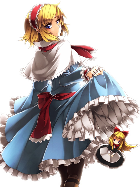 1girl, alice_margatroid, bad_id, bad_pixiv_id, black_pantyhose, blonde_hair, blue_eyes, boots, bow, capelet, clothes_lift, doll, dress, dress_lift, female_focus, from_behind, hair_bow, hairband, jewelry, looking_back, pantyhose, puppet_rings, ring, sayuma, shanghai_doll, short_hair, solo, touhou