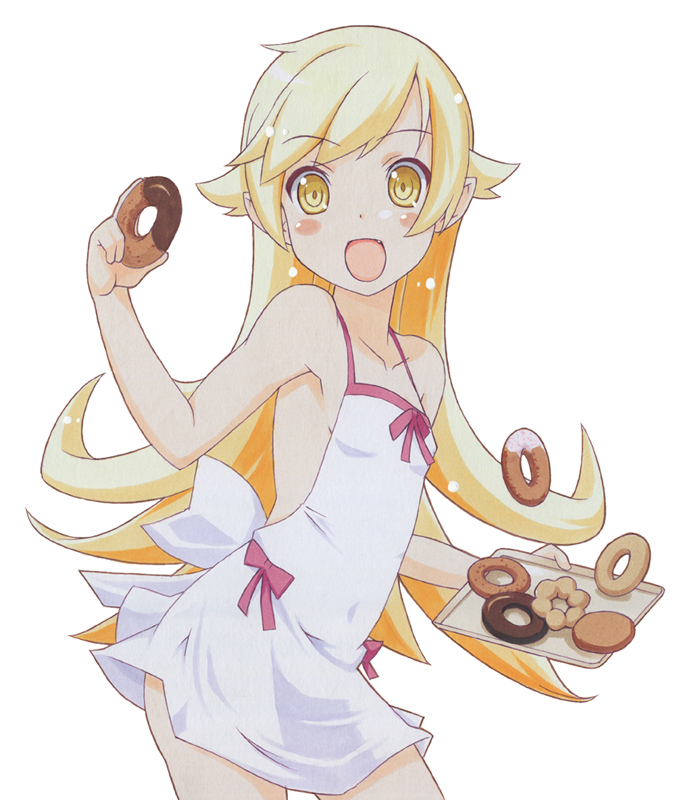 10s, 1girl, apron, blonde_hair, blush, cowboy_shot, donut, fang, female_focus, food, long_hair, looking_at_viewer, monogatari_(series), naked_apron, nisemonogatari, open_mouth, oshino_shinobu, shirohebidou, simple_background, solo, tray, white_background, yellow_eyes