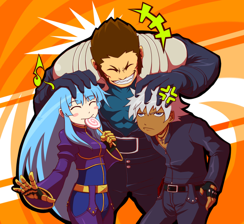 1girl, 2boys, angry, belt, blue_eyes, blue_hair, brown_hair, candy