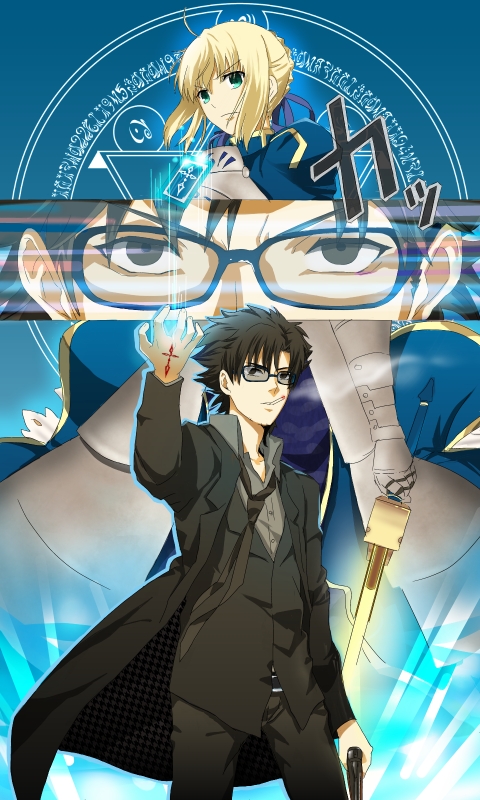 1boy, 1girl, ahoge, armor, armored_dress, artoria_pendragon_(fate), atlus, bad_id, bad_pixiv_id, bespectacled, black_eyes, black_hair, blonde_hair, cigarette, command_spell, dress, emiya_kiritsugu, fate/zero, fate_(series), faulds, floating_card, gauntlets, glasses, glowing, green_eyes, gun, handgun, houndstooth, knight07, magic_circle, parody, persona, persona_4, persona_eyes, rifle-caliber_handgun, rifle-caliber_pistol, saber_(fate), sunglasses, sword, thompson/center_contender, weapon