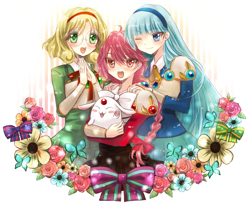 1990s_(style), 3girls, armor, blonde_hair, blue_eyes, blue_hair, blue_hairband, blue_skirt