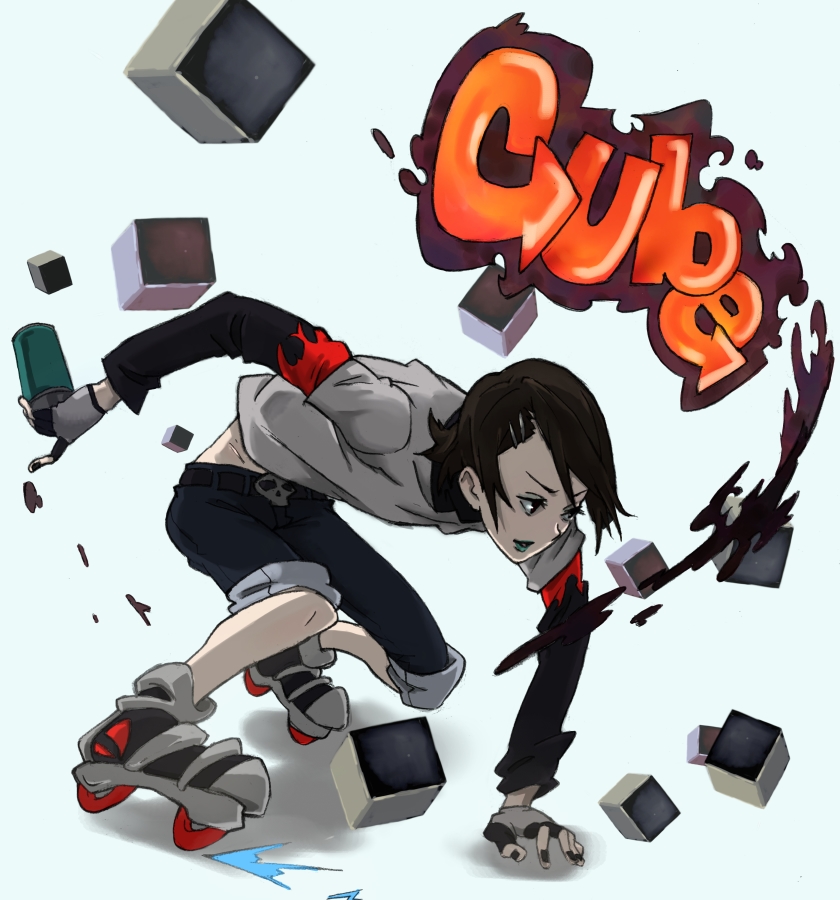 1girl, belt, black_hair, cube, cube_(jsr), female_focus, hair_ornament, hairclip