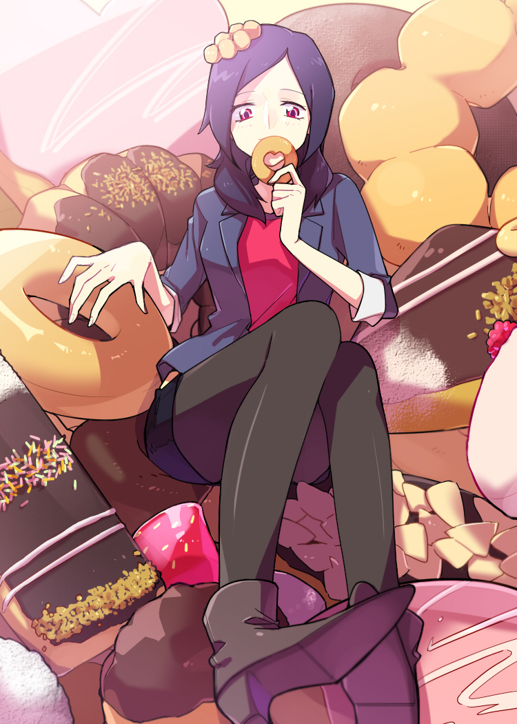 00s, 1girl, 31, 31_(bluesan), bad_id, bad_pixiv_id, cake, donut, female_focus, food, fresh_precure!, higashi_setsuna, pantyhose, pink_eyes, precure, purple_hair, short_hair, sitting, solo