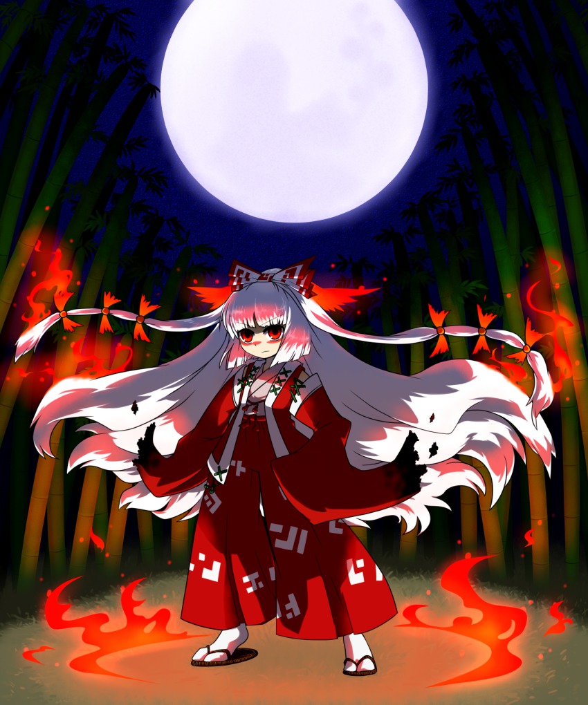 1girl, bamboo, female_focus, fire, fujiwara_no_mokou, full_moon, highres, long_hair