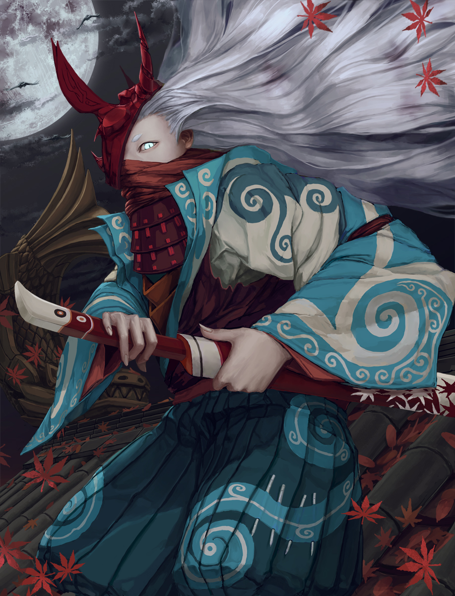 bird, cloud, fighting_stance, green_eyes, highres, horns, japanese_clothes, leaf