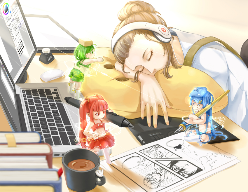 4girls, blue_hair, blush, brown_hair, chibi, closed_eyes, coffee, computer