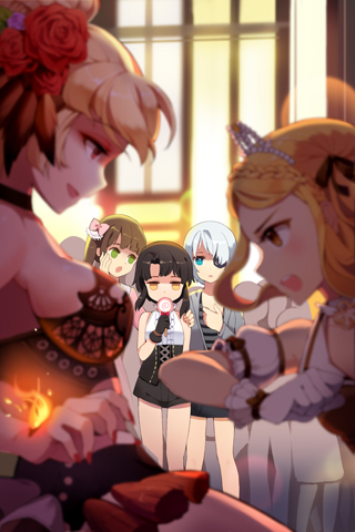 5girls, bare_shoulders, black_hair, blonde_hair, blue_eyes, blurry, bow, breasts, brown_hair, candy, choker, depth_of_field, detached_sleeves, eyepatch, flower, food, frilled_skirt, frills, gilse, gloves, green_eyes, grey_hair, grin, hair_bow, hair_flower, hair_ornament, hair_ribbon, holding, iri_flina, katie_(sword_girls), lollipop, long_hair, lowres, multiple_girls, nail_polish, open_mouth, orange_hair, red_eyes, ribbon, rose, short_hair, sideboob, sita_vilosa, skirt, smile, standing, sword_girls, window, yellow_eyes