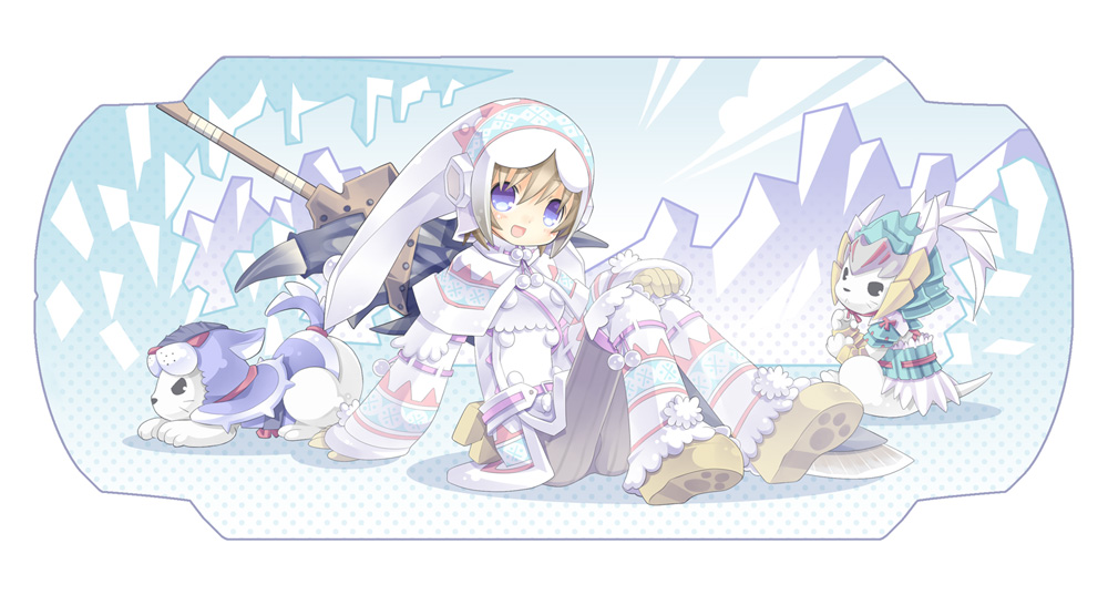 1girl, :d, animal, arm_support, armor, arzuros_(armor), belt, belt_buckle