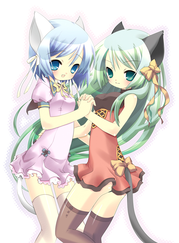 2girls, animal_ears, bad_id, bad_pixiv_id, blue_eyes, blue_hair, blush, cat_ears