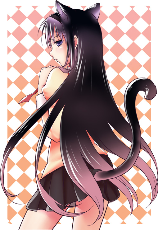10s, 1girl, akemi_homura, animal_ears, cat_ears, cat_girl, cat_tail, female_focus, from_behind, hairband, konno_rei, long_hair, mahou_shoujo_madoka_magica, mahou_shoujo_madoka_magica_(anime), school_uniform, skirt, solo, tail