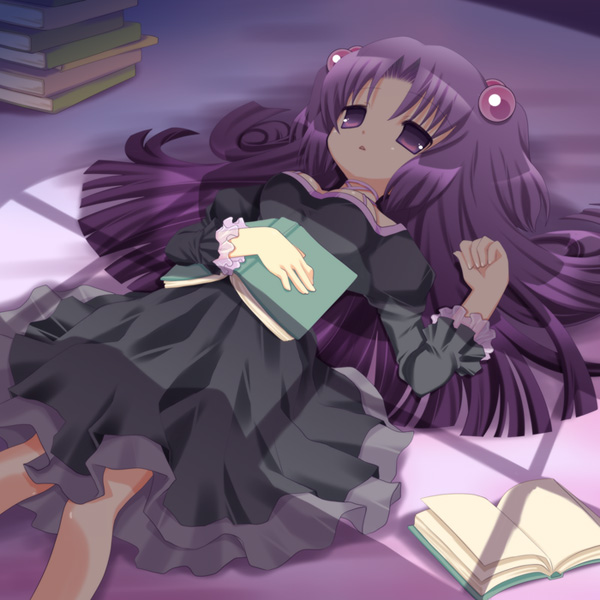 00s, 1girl, book, breasts, clannad, dress, female_focus, hair_bobbles, hair_ornament, ichinose_kotomi, long_hair, lying, on_back, open_book, purple_eyes, purple_hair, solo, touko_(tokotoko), two_side_up