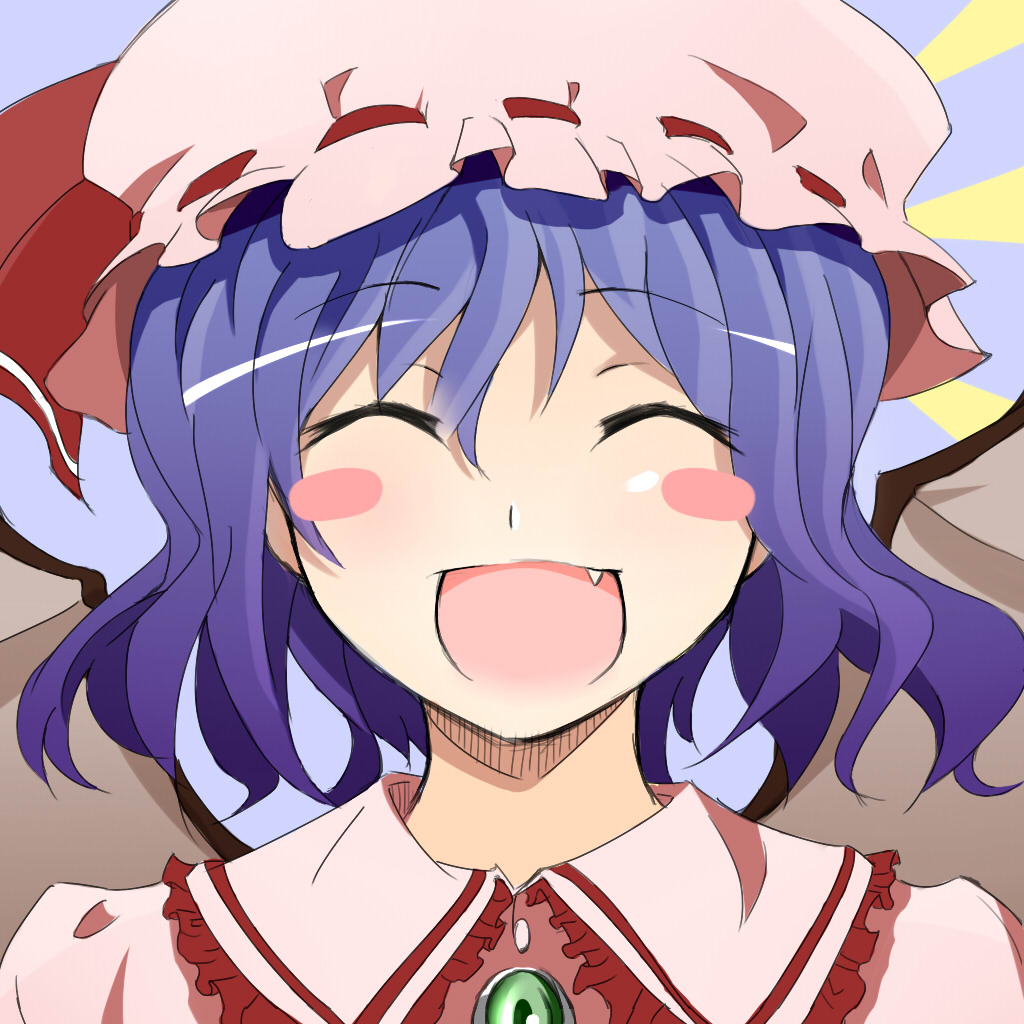 1girl, ^_^, blush, blush_stickers, closed_eyes, fang, female_focus, open_mouth