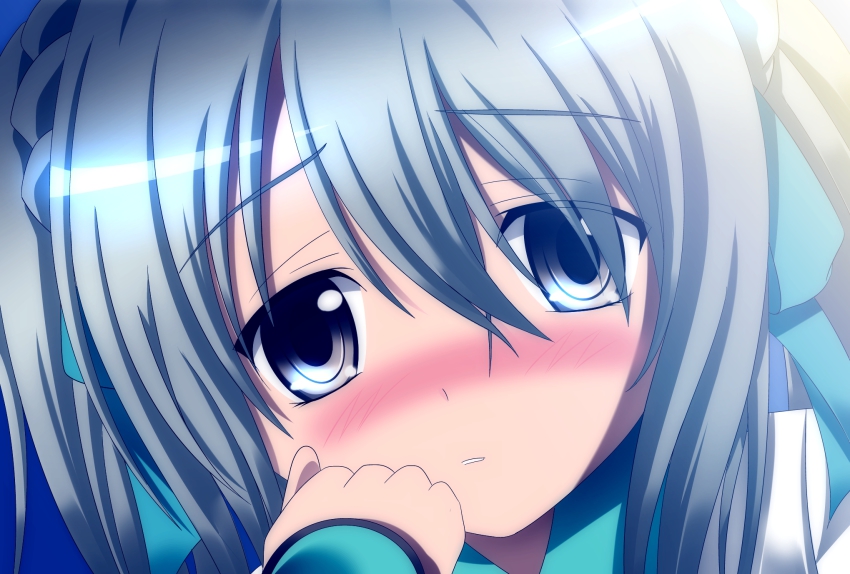 1girl, bad_id, bad_pixiv_id, blush, female_focus, grey_eyes, hair_ribbon, highres, kazusa_fujinomiya, koki999, oda_nobuna_no_yabou, ribbon, silver_hair, solo, takenaka_hanbee_(oda_nobuna_no_yabou), twintails, upper_body