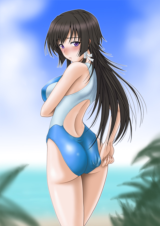 1girl, adjusting_clothes, adjusting_swimsuit, ass, back, beach, black_hair, blue_one-piece_swimsuit, blush, breast_hold, breasts, brown_hair, cloud, competition_swimsuit, day, embarrassed, female_focus, from_behind, frown, hair_ribbon, large_breasts, leaf, long_hair, looking_at_viewer, looking_back, misnon_the_great, muv-luv, muv-luv_alternative, muv-luv_total_eclipse, nose_blush, ocean, one-piece_swimsuit, outdoors, purple_eyes, raised_eyebrows, ribbon, sky, solo, swimsuit, takamura_yui, tress_ribbon, very_long_hair, white_one-piece_swimsuit