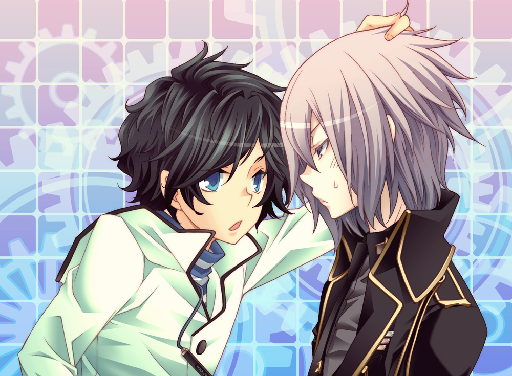 10s, 2boys, black_hair, blue_eyes, devil_survivor_(series), devil_survivor_2, grey_eyes, hand_on_another's_head