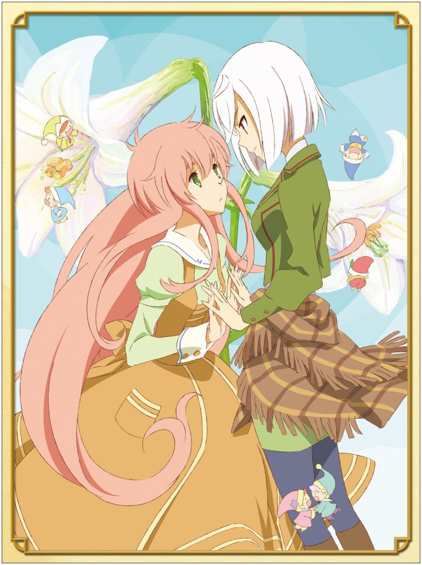 10s, 2girls, art_nouveau, blue_background, clothes_around_waist, couple, dress, eye_contact, fairy, fairy_(jintai), floral_background, flower, framed, green_eyes, green_shirt, hat, highres, holding_hands, interlocked_fingers, jinrui_wa_suitai_shimashita, lily_(flower), long_hair, long_sleeves, looking_at_another, multiple_girls, non-web_source, official_art, pink_hair, sakai_kyuuta, shirt, short_hair, skirt, sweater, sweater_around_waist, very_long_hair, watashi_(jintai), white_hair, y_(jintai), yuri