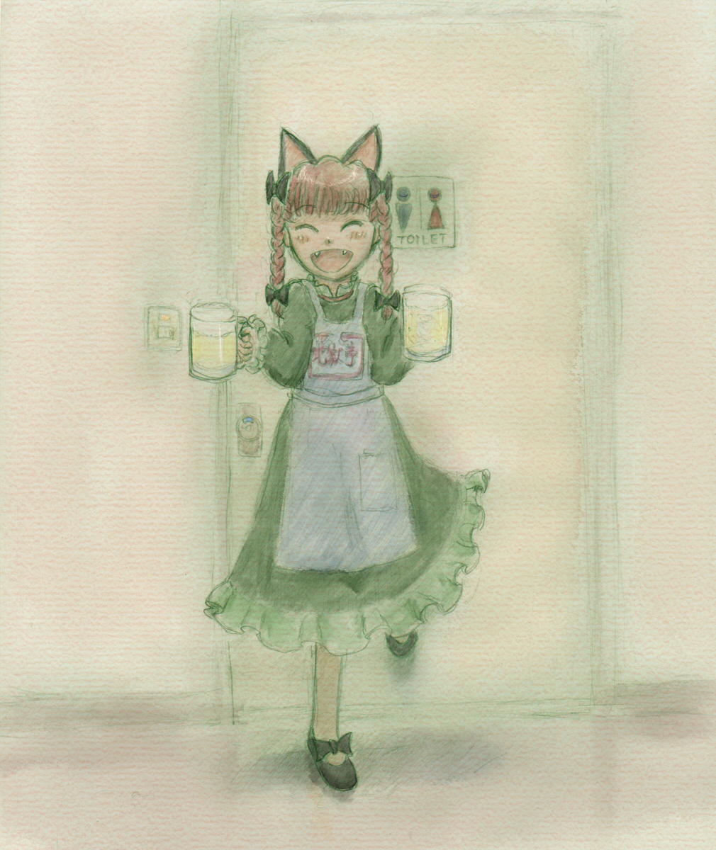 1girl, alcohol, apron, beer, beer_mug, closed_eyes, cup, door
