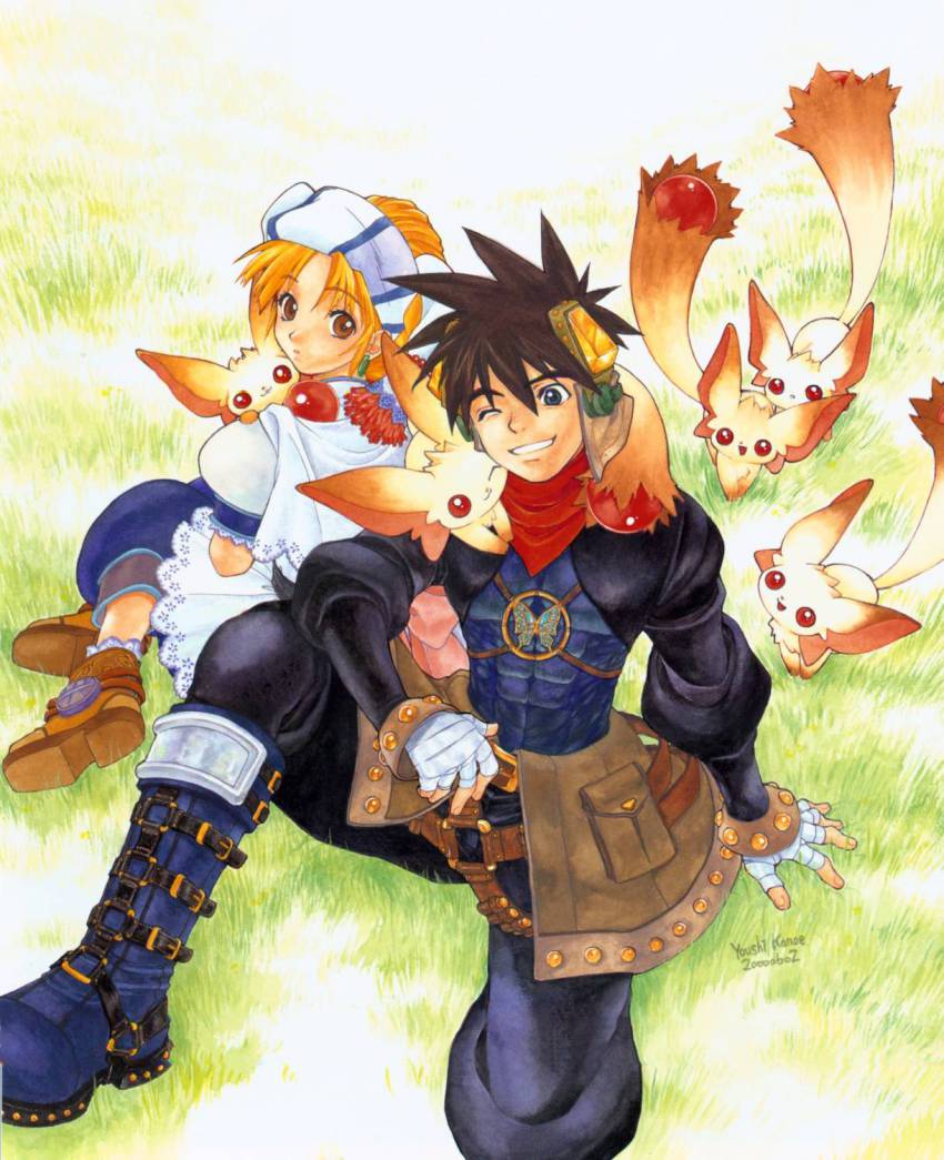 1boy, 1girl, bandages, black_eyes, black_hair, blonde_hair, blue_footwear, boots, brown_eyes, carro, dated, earrings, elena_(grandia), game_arts, grandia, grandia_ii, grass, highres, jewelry, kanoe_youshi, knee_boots, official_art, one_eye_closed, ryudo_(grandia), scan