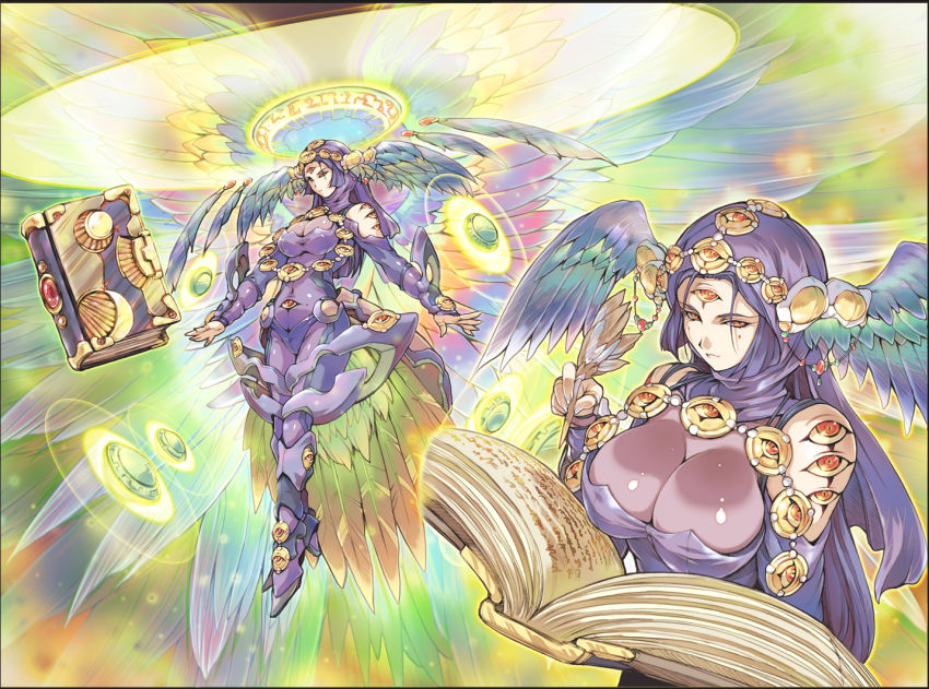 1girl, angel, angel_wings, asymmetry, azrael_(angel), blue_hair, book, breasts, cleavage, halo, head_wings, hisahiko, huge_breasts, long_hair, moeru!_jiten, moeru!_tenshi_jiten, multiple_views, orange_eyes, third_eye, wide_hips, wings