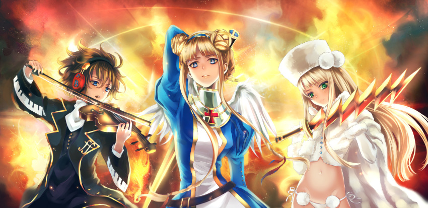 +_+, 3girls, bad_id, bad_pixiv_id, beethoven_(eiyuu_senki), belt, black_hair, blonde_hair