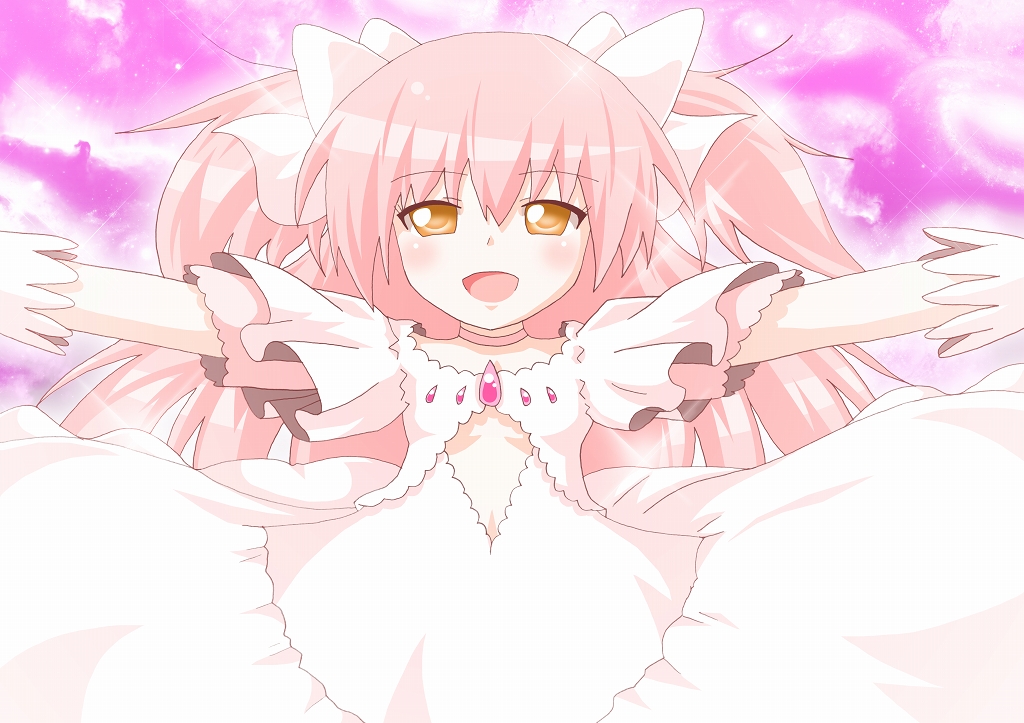 10s, 1girl, dress, female_focus, gloves, hair_ribbon, kagerou_(kers), kaname_madoka