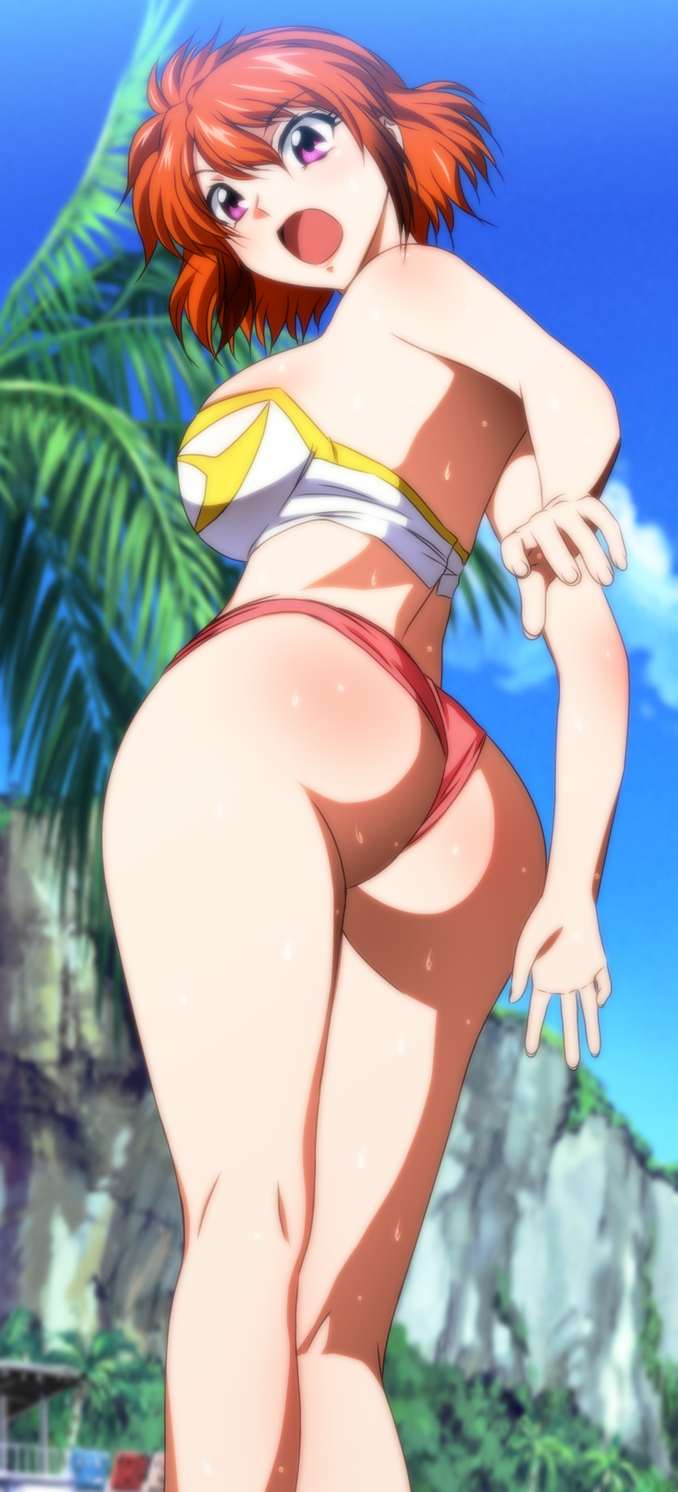 1girl, ass, banpresto, beach, bikini, breasts, cloud, female_focus, highres, ibis_douglas, looking_down, nature, open_mouth, orange_hair, outdoors, pink_eyes, plant, short_hair, sideboob, sky, solo, super_robot_wars, sweat, swimsuit, tree, yadokari_genpachirou