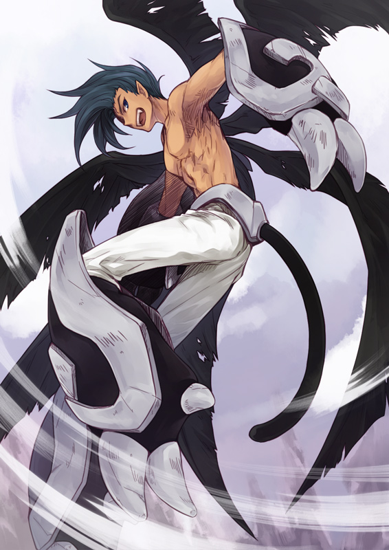 1990s_(style), 1boy, armpits, bad_id, bad_pixiv_id, black_hair, blue_eyes, fangs, from_below, houshin_engi, male_focus, open_mouth, pectorals, pointy_ears, raishinshi, retro_artstyle, solo, tail, topless_male, utsugi_(skydream), wings