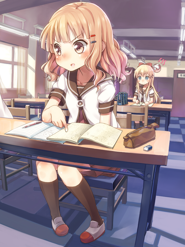 >:o, 2girls, :o, black_socks, blonde_hair, blue_eyes, blush, brown_eyes