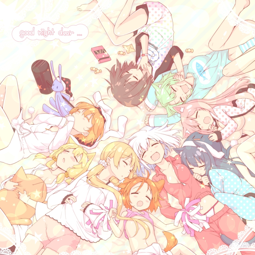 1boy, 6+girls, :d, :o, ^_^, akane_(goma), animal_ears, arms_up