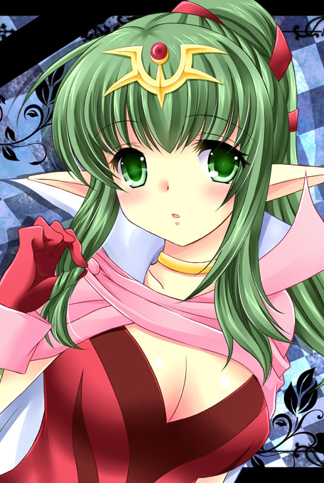 1girl, blush, breasts, cleavage, female_focus, fire_emblem, fire_emblem:_mystery_of_the_emblem, fire_emblem_awakening, gloves, green_eyes, green_hair, hair_ribbon, jewelry, long_hair, matching_hair/eyes, nintendo, open_mouth, pointy_ears, ponytail, ribbon, solo, tamagawa_yukimaru, tiki_(adult)_(fire_emblem), tiki_(fire_emblem)