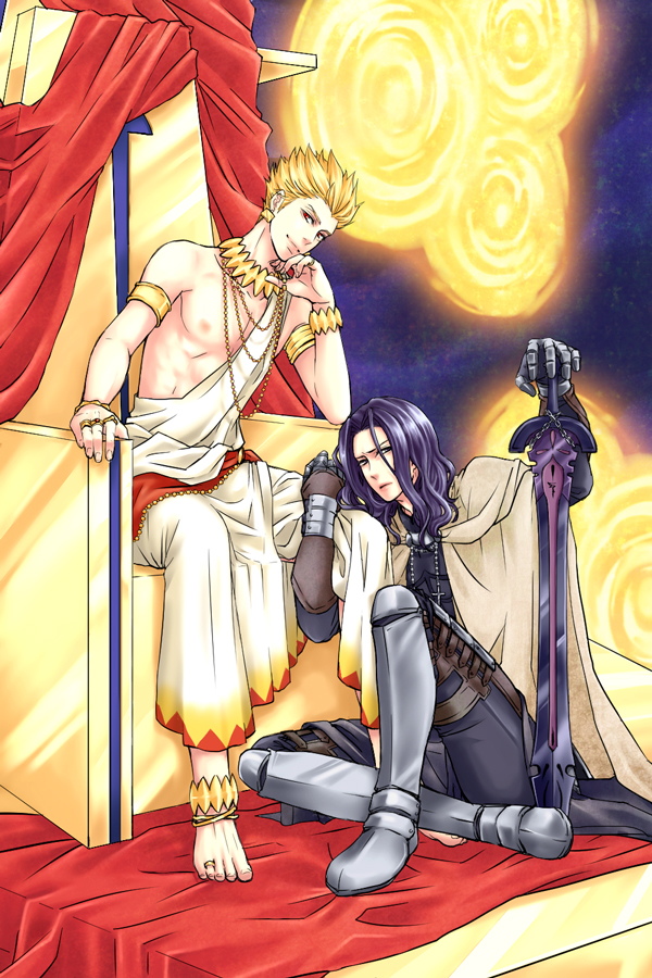 2boys, anklet, armlet, armor, arondight_(fate), bad_id, bad_pixiv_id, barefoot