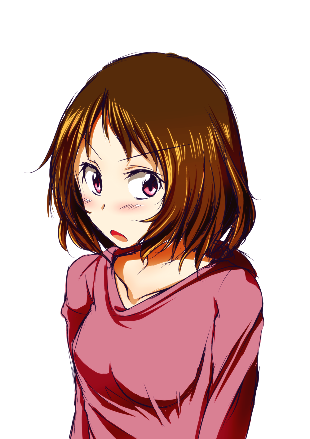10s, 1girl, alternate_hairstyle, bad_id, bad_pixiv_id, black_hair, female_focus, gsn_(nocturne), highres, hyouka, ibara_mayaka, red_eyes, short_hair, simple_background, solo, sweater, white_background