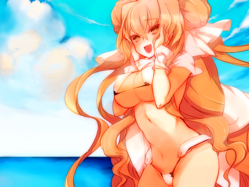 1girl, aoi_kimi, beach, bikini, breasts, cleavage, female_focus, kyoukaisenjou_no_horizon, long_hair, narihito, solo, swimsuit, very_long_hair