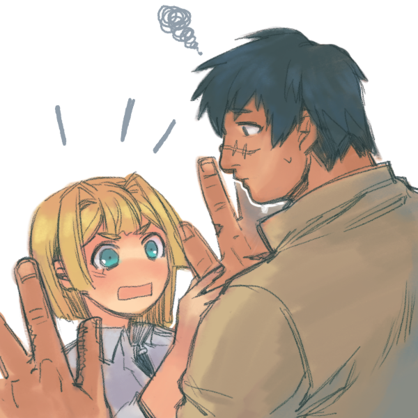 1boy, 1girl, alice_l._malvin, annoyed, aqua_eyes, bad_id, bad_pixiv_id, blonde_hair