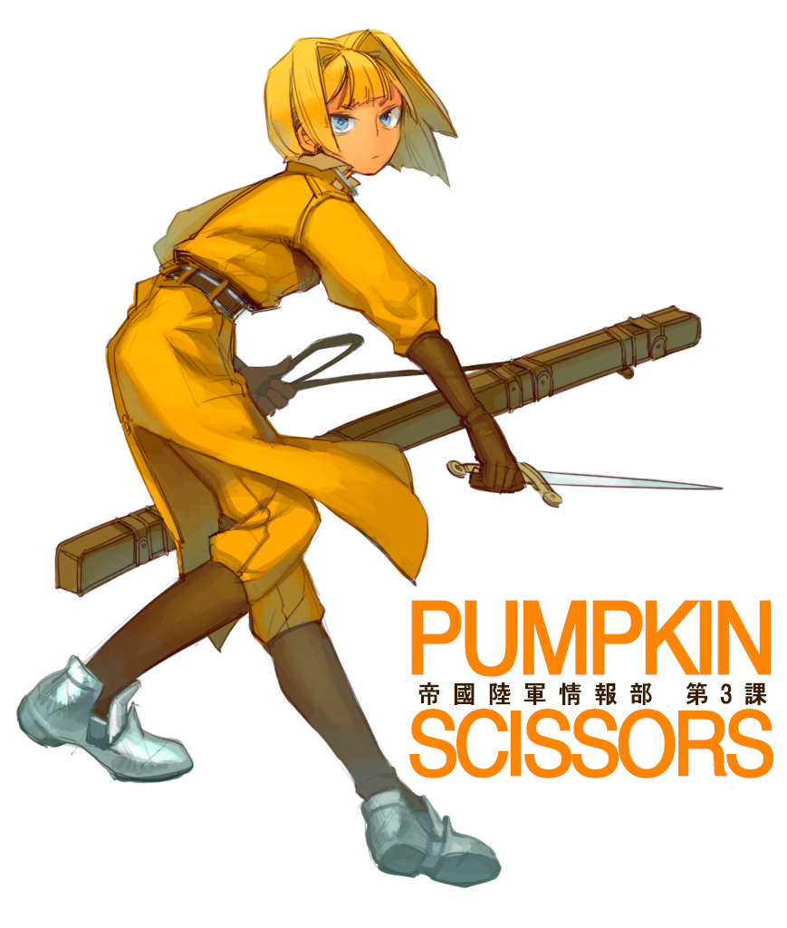 alice_l._malvin, bad_id, bad_pixiv_id, blonde_hair, blue_eyes, bob_cut, chinese_text, copyright_name, dagger, expressionless, ferri_yang, ferriyang, gloves, knife, leather, leather_gloves, looking_back, military, military_uniform, pumpkin_scissors, sheath, short_hair, simple_background, solo, weapon, white_background
