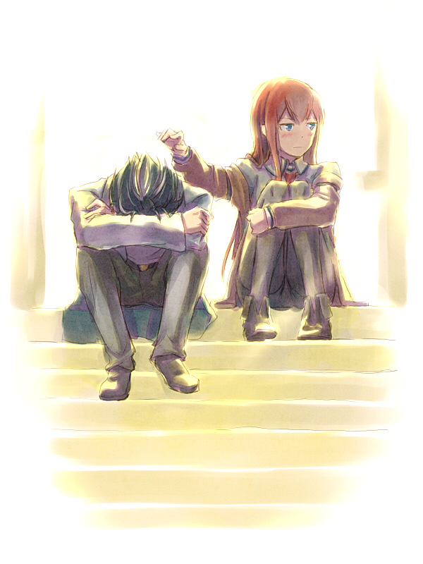 1boy, 1girl, black_hair, brown_hair, lab_coat, licamen, long_hair, makise_kurisu