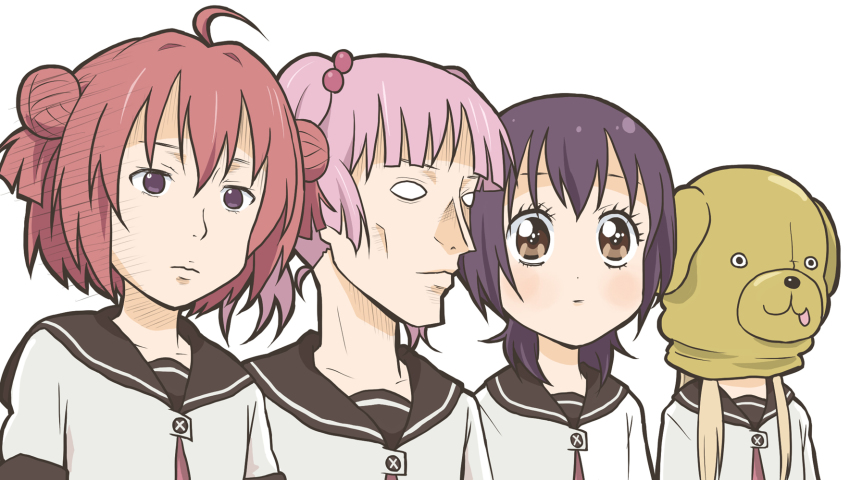 4girls, akaza_akari, black_hair, blonde_hair, double_bun, funami_yui, hair_bun, highres