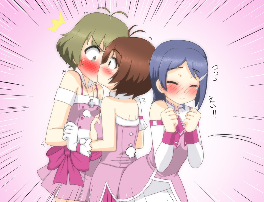 00s, 1boy, 2girls, akizuki_ryo, antenna_hair, bare_shoulders, blue_hair, blush