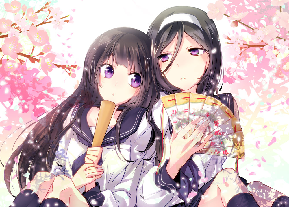 10s, 2girls, black_hair, chitanda_eru, hairband, hand_fan, hyouka, ibuki_hasu