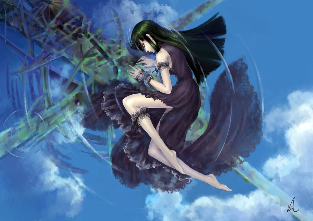 1girl, banpresto, dress, female_focus, frills, green_hair, long_hair, lying