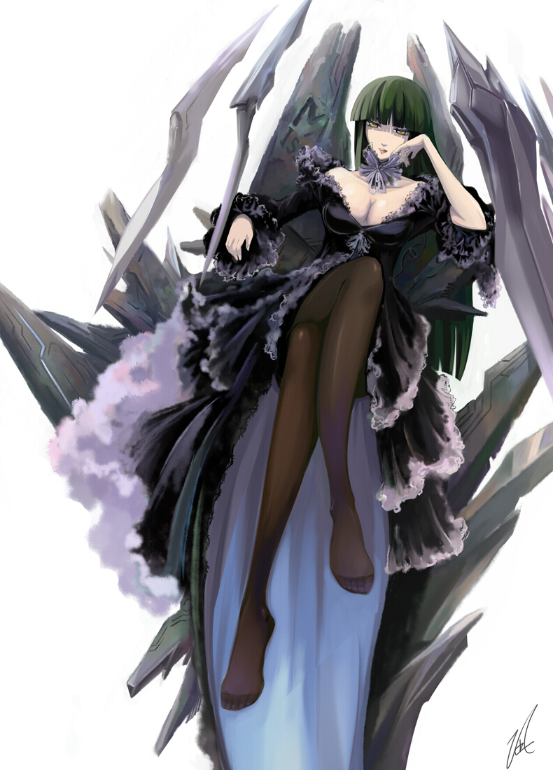 1girl, bad_id, bad_pixiv_id, banpresto, breasts, cleavage, crossed_legs, dress, feet, female_focus, frills, green_hair, large_breasts, legs, long_hair, ouka_nagisa, pantyhose, sitting, solo, super_robot_wars, super_robot_wars_original_generation, thighs, togenagi_futaba, yellow_eyes