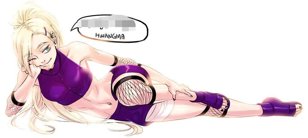 1girl, bare_shoulders, black_nails, blonde_hair, female_focus, fishnets, hair_ornament, hairclip, hei_hwan, long_hair, lying, midriff, nail_polish, naruto_(classic), naruto_(series), navel, on_side, one_eye_closed, ponytail, smile, solo, toes, very_long_hair, wink, yamanaka_ino