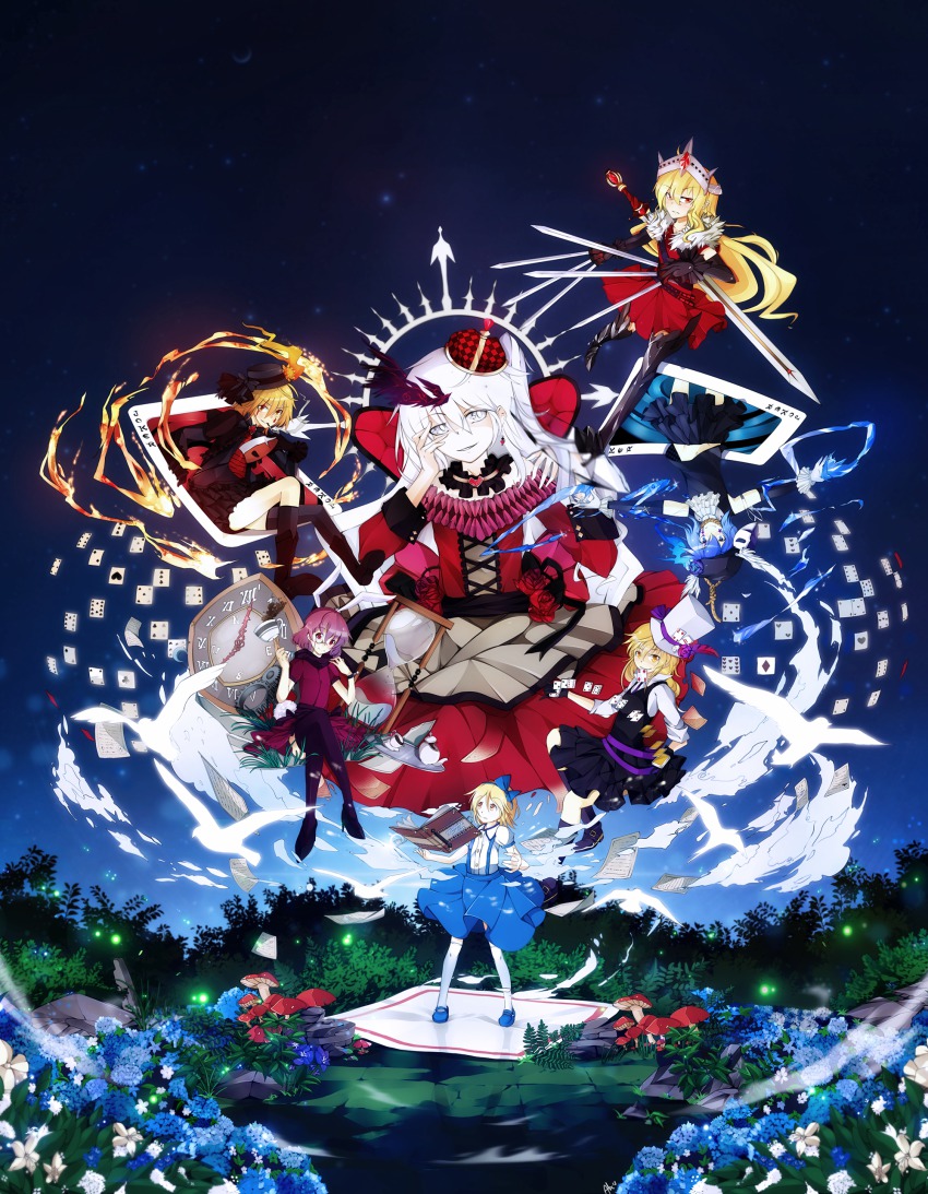 6+girls, absurdres, alice's_adventures_in_wonderland, alice_margatroid, alice_margatroid_(pc-98), alternate_costume, alxz, animal_ears