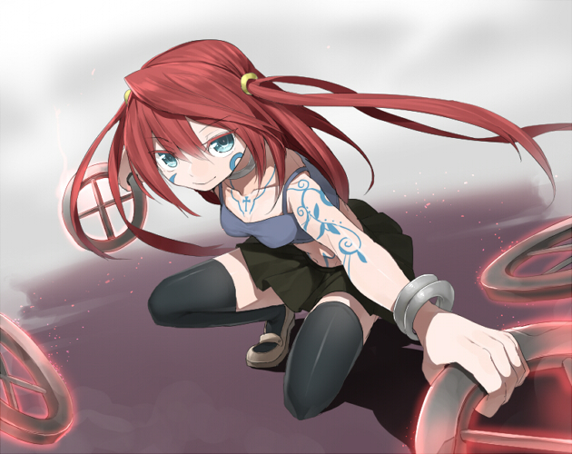 1girl, arian_rod, black_thighhighs, blue_eyes, bracelet, chakram, cross, erubo