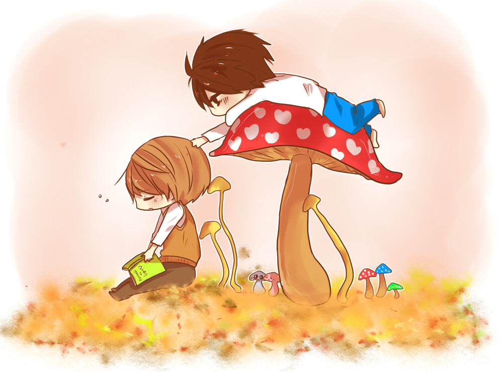 2boys, barefoot, blush, chibi, death_note, closed_eyes, heart, l_(death_note), male_focus, multiple_boys, mushroom, saihara, shueisha, yagami_light