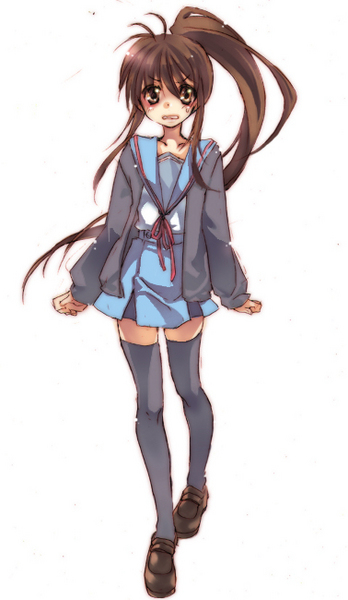 00s, 1girl, 6land, black_thighhighs, brown_shoes, female_focus, full_body, genderswap, genderswap_(mtf), kyon, kyonko, ponytail, school_uniform, serafuku, shoes, simple_background, skirt, solo, suzumiya_haruhi_no_yuuutsu, thighhighs