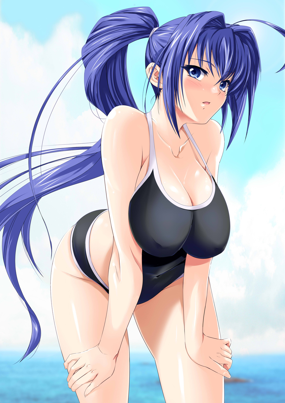 00s, 1girl, blue_eyes, blue_hair, breasts, cleavage, competition_school_swimsuit, competition_swimsuit